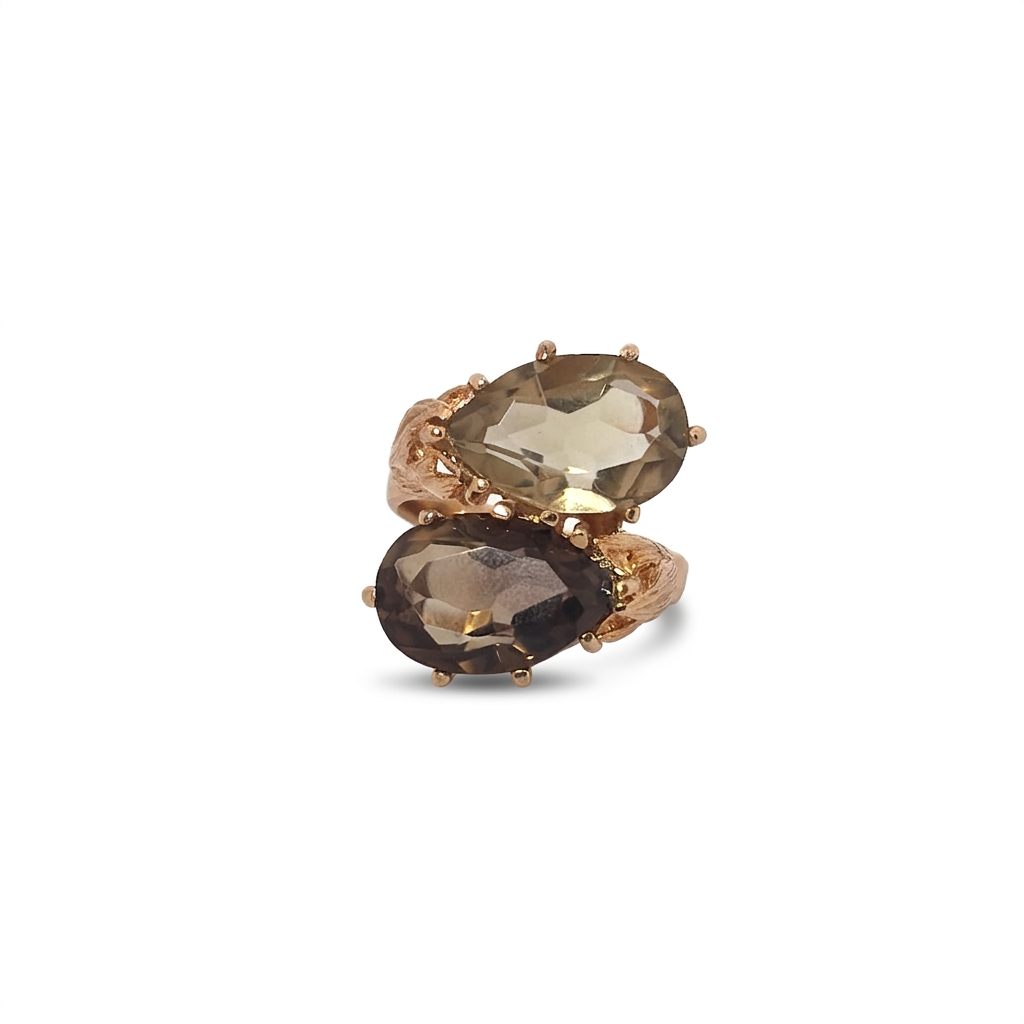 Two Stone Bypass Ring with Smoky Quartz, 14K Yellow Gold