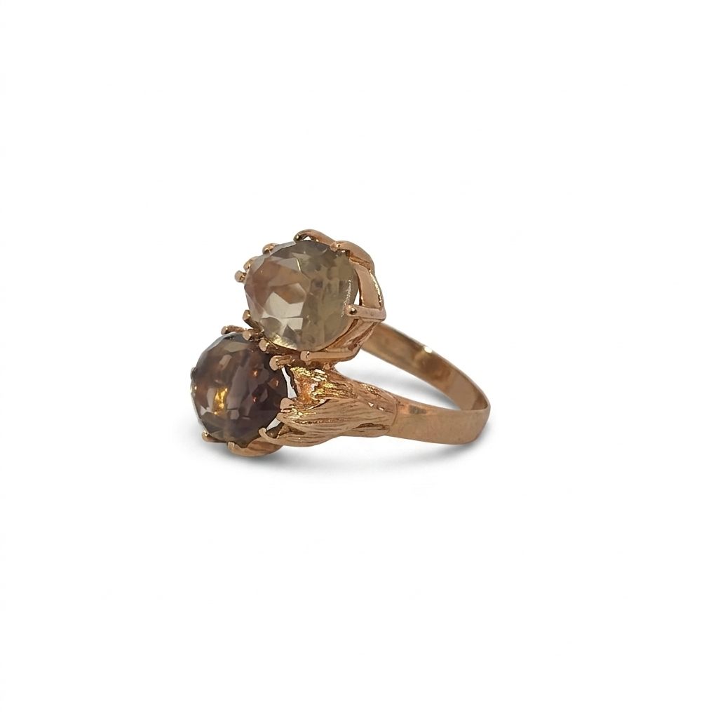 Two Stone Bypass Ring with Smoky Quartz, 14K Yellow Gold