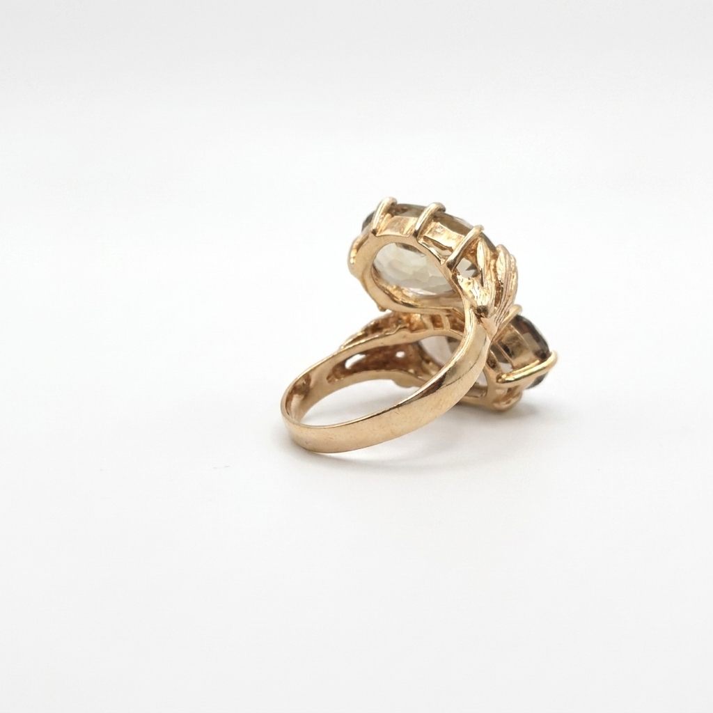 Two Stone Bypass Ring with Smoky Quartz, 14K Yellow Gold