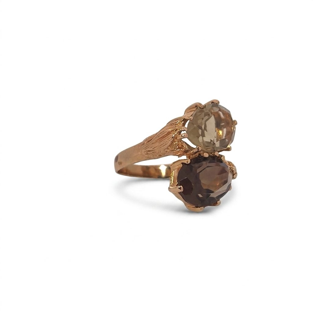 Two Stone Bypass Ring with Smoky Quartz, 14K Yellow Gold