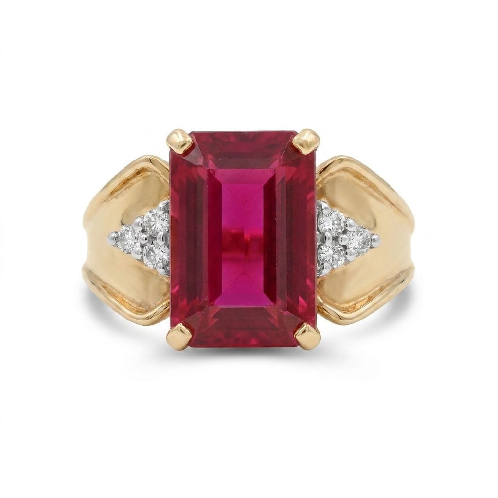 Center Ruby (10x8mm 4.25CT)  ,6 x Natural Diamonds (0.03CTW), 10K Yellow Gold