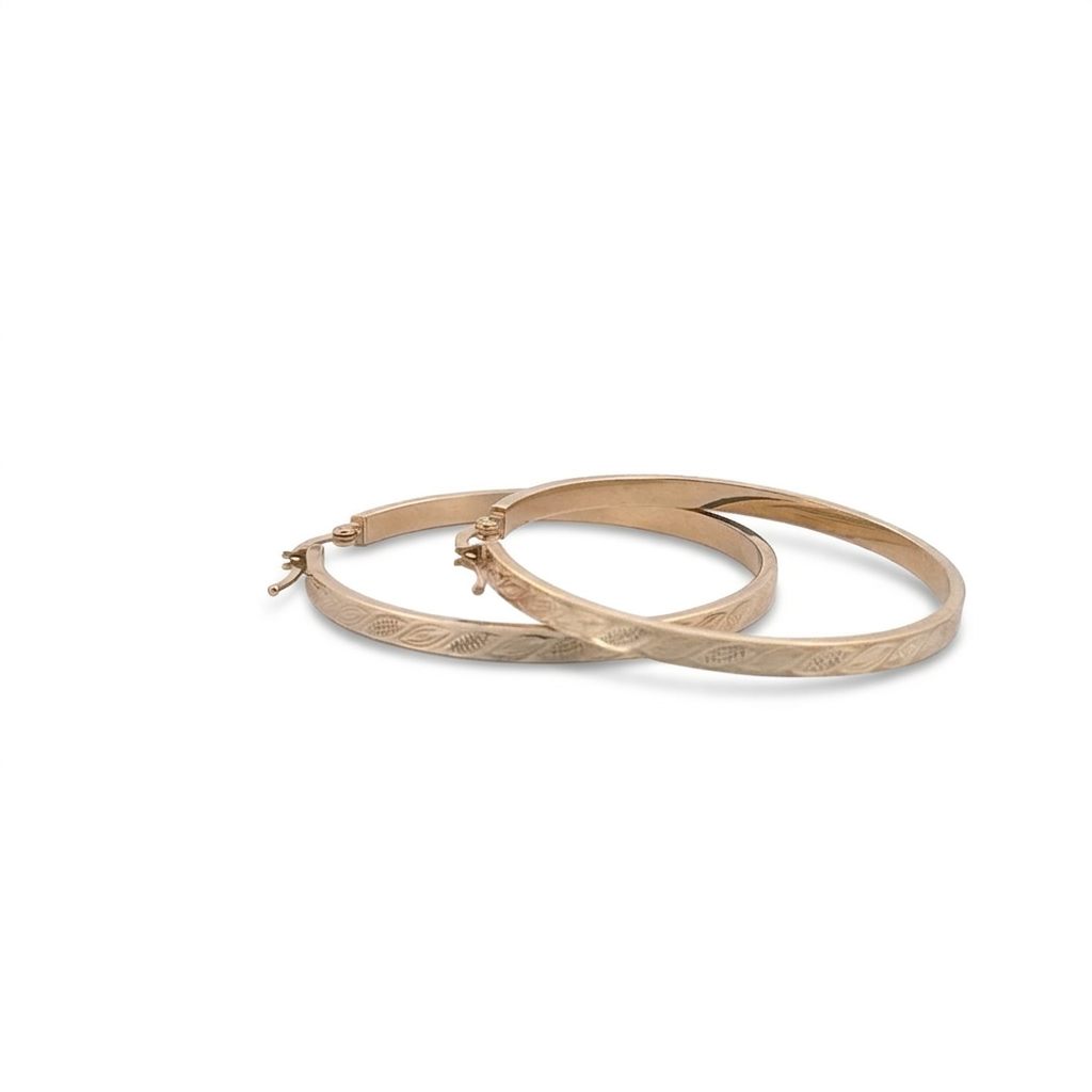 5.40 Grams Leaf Engraved Hoops, 14K Yellow Gold