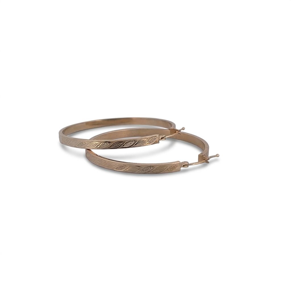 5.40 Grams Leaf Engraved Hoops, 14K Yellow Gold