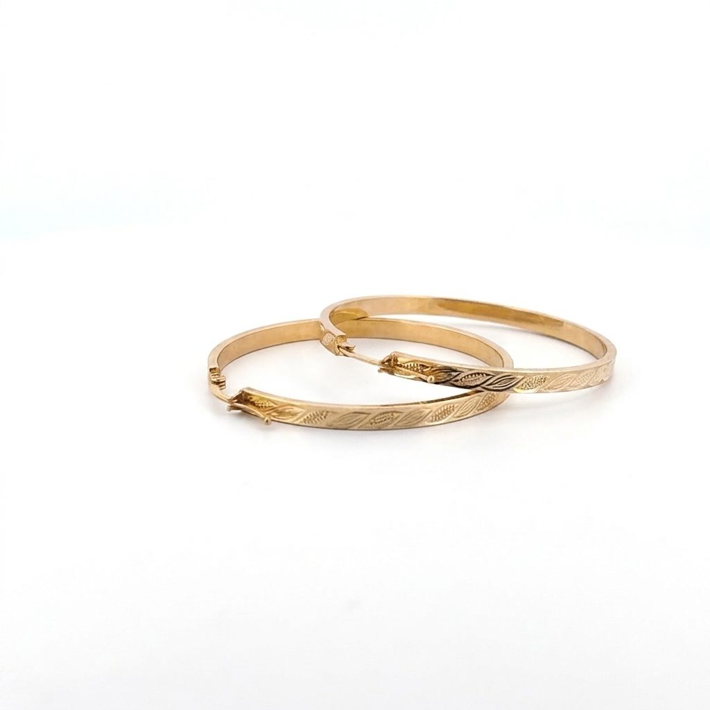 5.40 Grams Leaf Engraved Hoops, 14K Yellow Gold