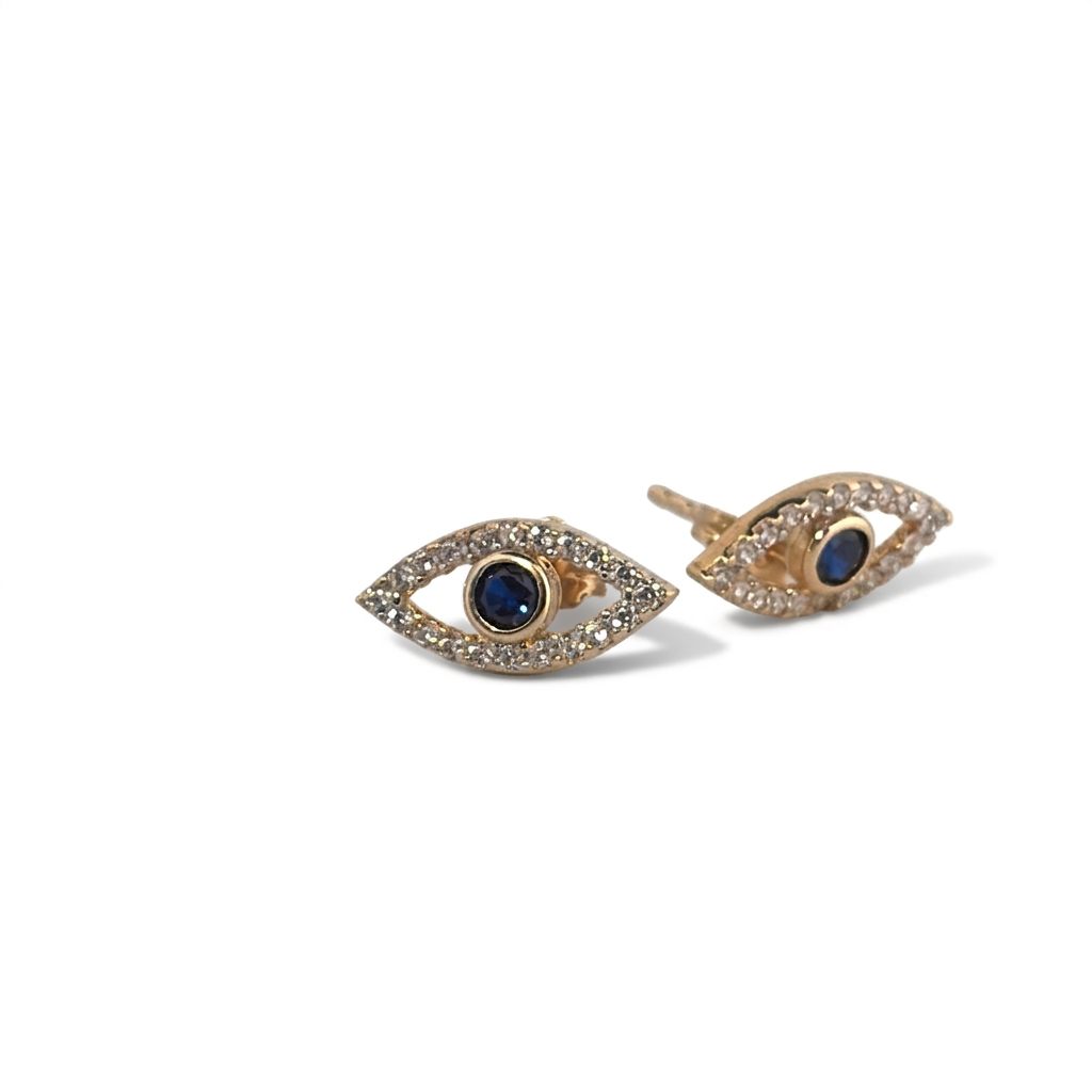 Evil Eye Studs Earrings with CZ, 14K Yellow Gold (1.30 GW)