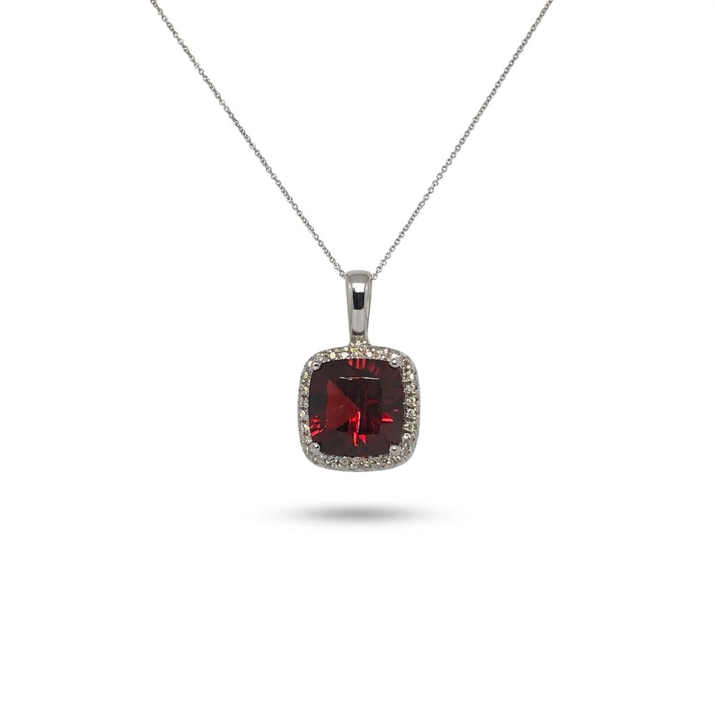 Natural Diamonds (0.19CT), Natural Garnet (6.6 CT) Pendent Chain, 14K White Gold
