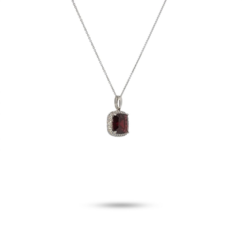 Natural Diamonds (0.19CT), Natural Garnet (6.6 CT) Pendent Chain, 14K White Gold