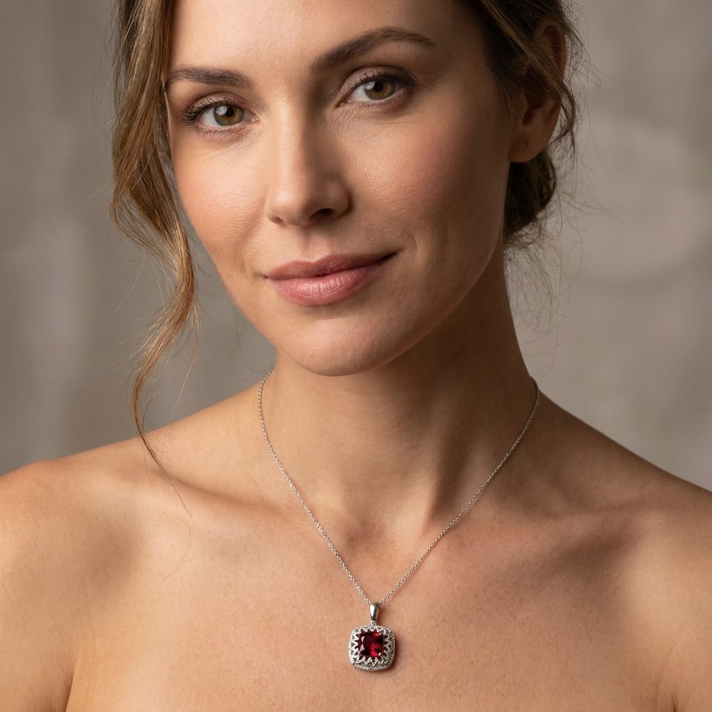 Natural Diamonds (0.19CT), Natural Garnet (6.6 CT) Pendent Chain, 14K White Gold