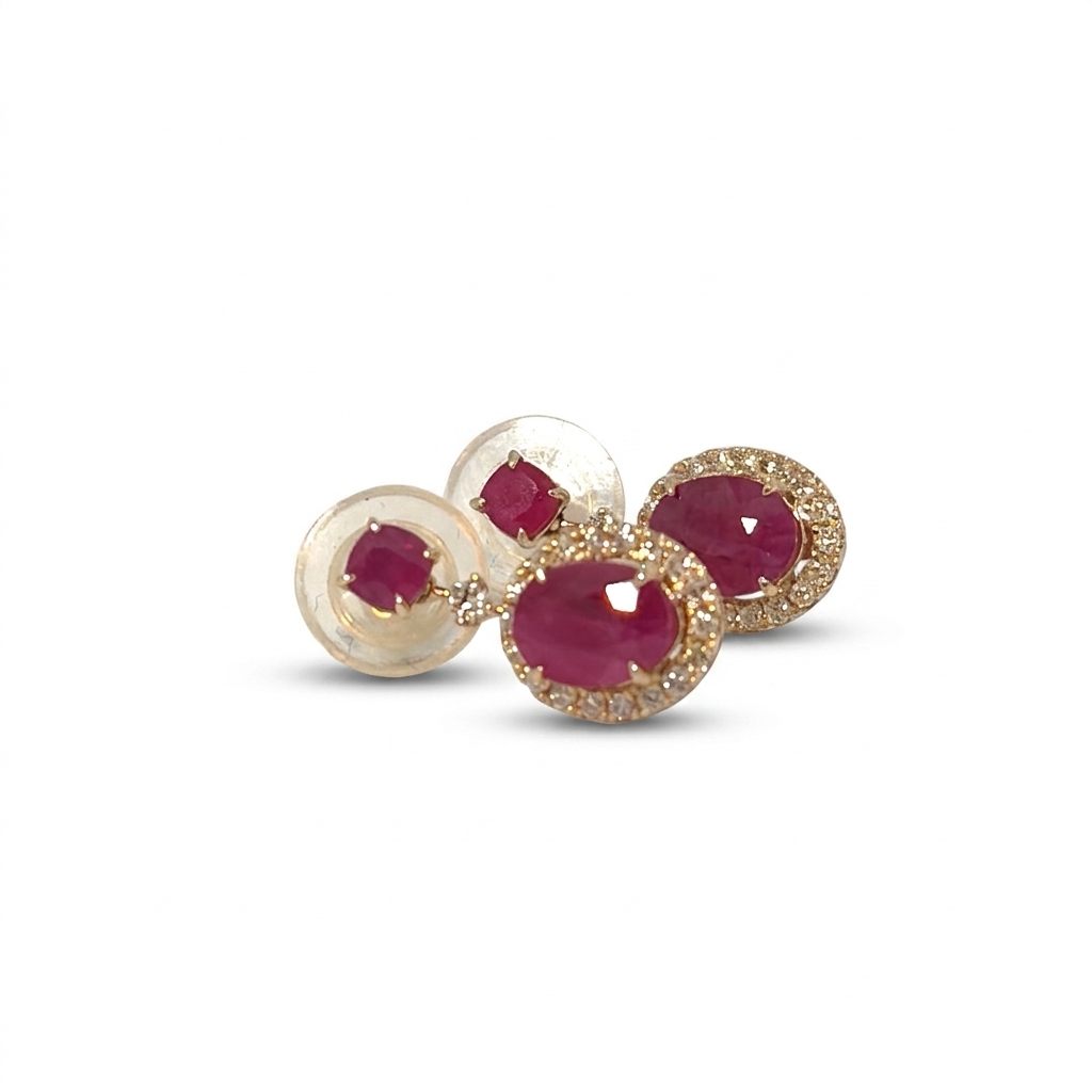 Female Ruby Earrings, 14K Yellow Gold, oval ruby center with diamond halo accents (3.78ct ruby, 0.42ct diamonds).