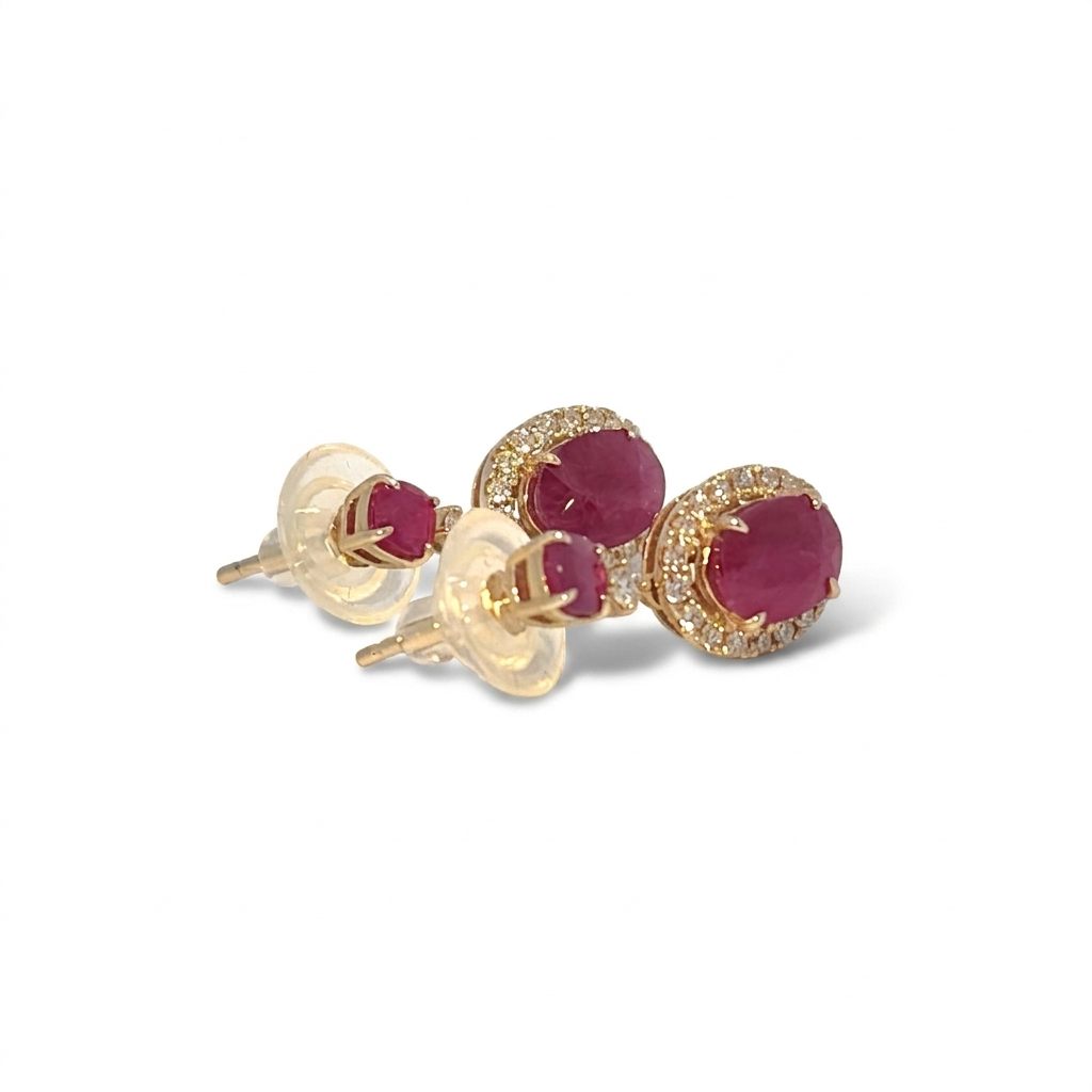 Female Ruby Earrings, 14K Yellow Gold, oval ruby center with diamond halo accents (3.78ct ruby, 0.42ct diamonds).
