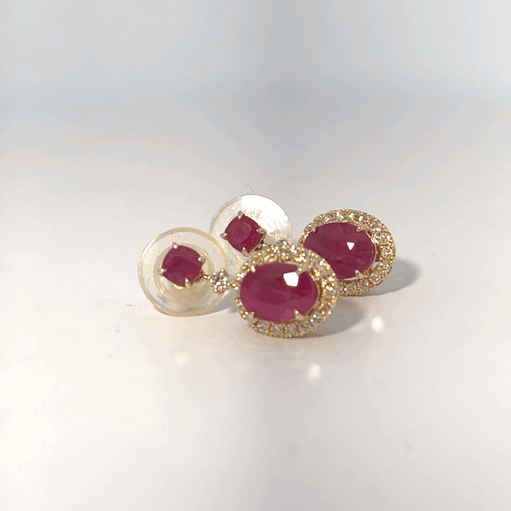 Female Ruby Earrings, 14K Yellow Gold, oval ruby center with diamond halo accents (3.78ct ruby, 0.42ct diamonds).