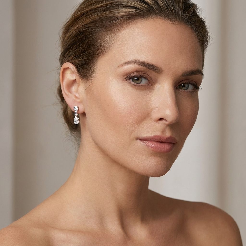 Female Diamond cluster Earrings, 14K White Gold, graduated pear and baguette-cut Diamonds totaling 1.88ct.