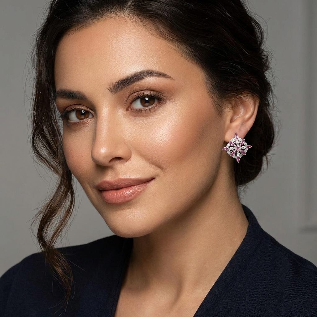 Natural Pink Tourmaline and CZ Earring 5.9 Gram, 14K White Gold