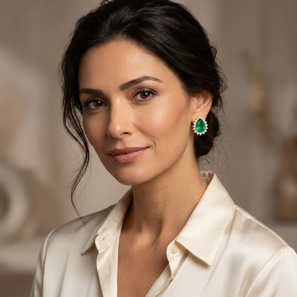 Natural Pear Shape Emerald (1.8CT Each, 3.6CTW) with 38 total Natural Diamonds (G/SI1 0.58CTW) Detachable Halo Earrings, 14K Yellow Gold