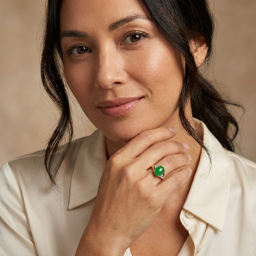 14K Yellow Gold Ring, set with 1 Oval Green Jade Cabochon and 6 White Diamonds on the shoulders, female style.