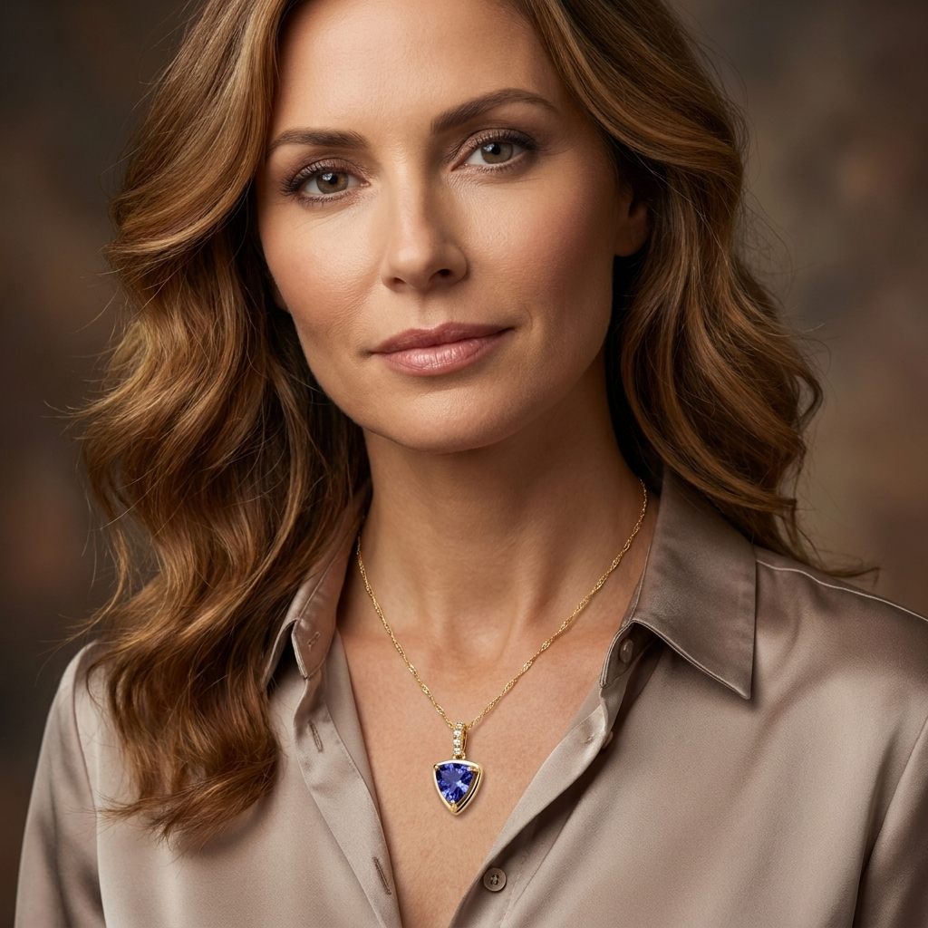 Natural Diamonds (0.03CT) and Natural Tanzanite (0.97CT) Pendent Chain, 14K Yellow Gold