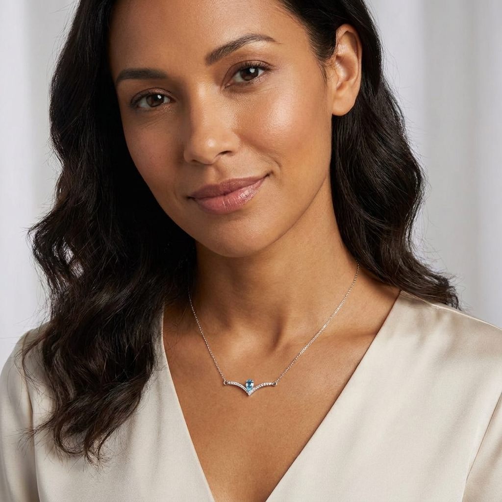 Natural Blue Topaz & 15 x Natural Diamond (0.22CTW), 18" Necklace, 14K White Gold