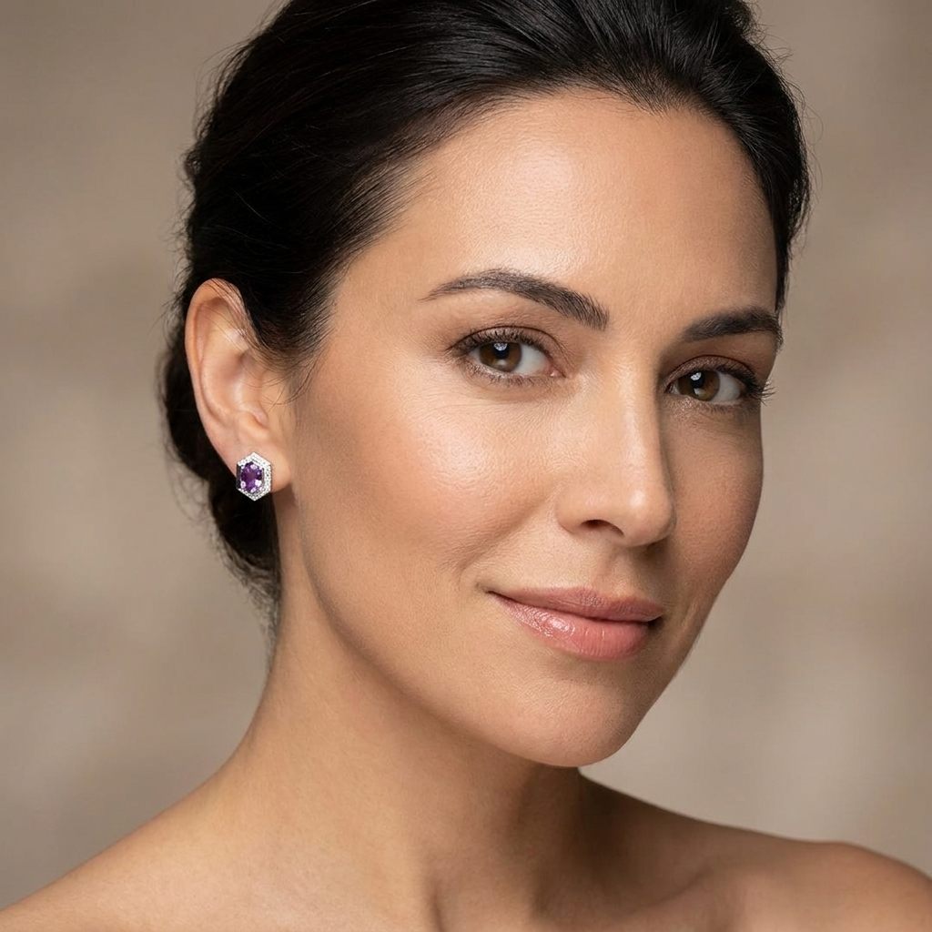Natural Diamonds (1/10CT) and Natural Amethyst (0.83CT) Earrings, 14K White Gold