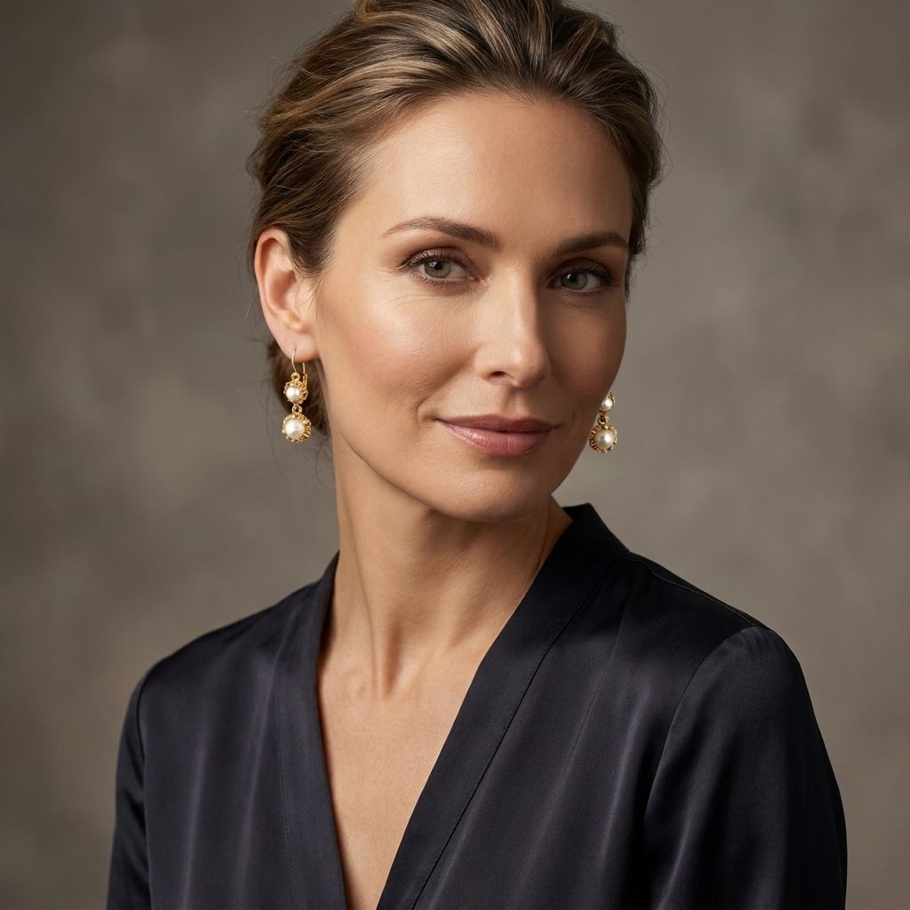 Female Earrings, 14K Yellow Gold, featuring four white Pearls in two-drop design settings.
