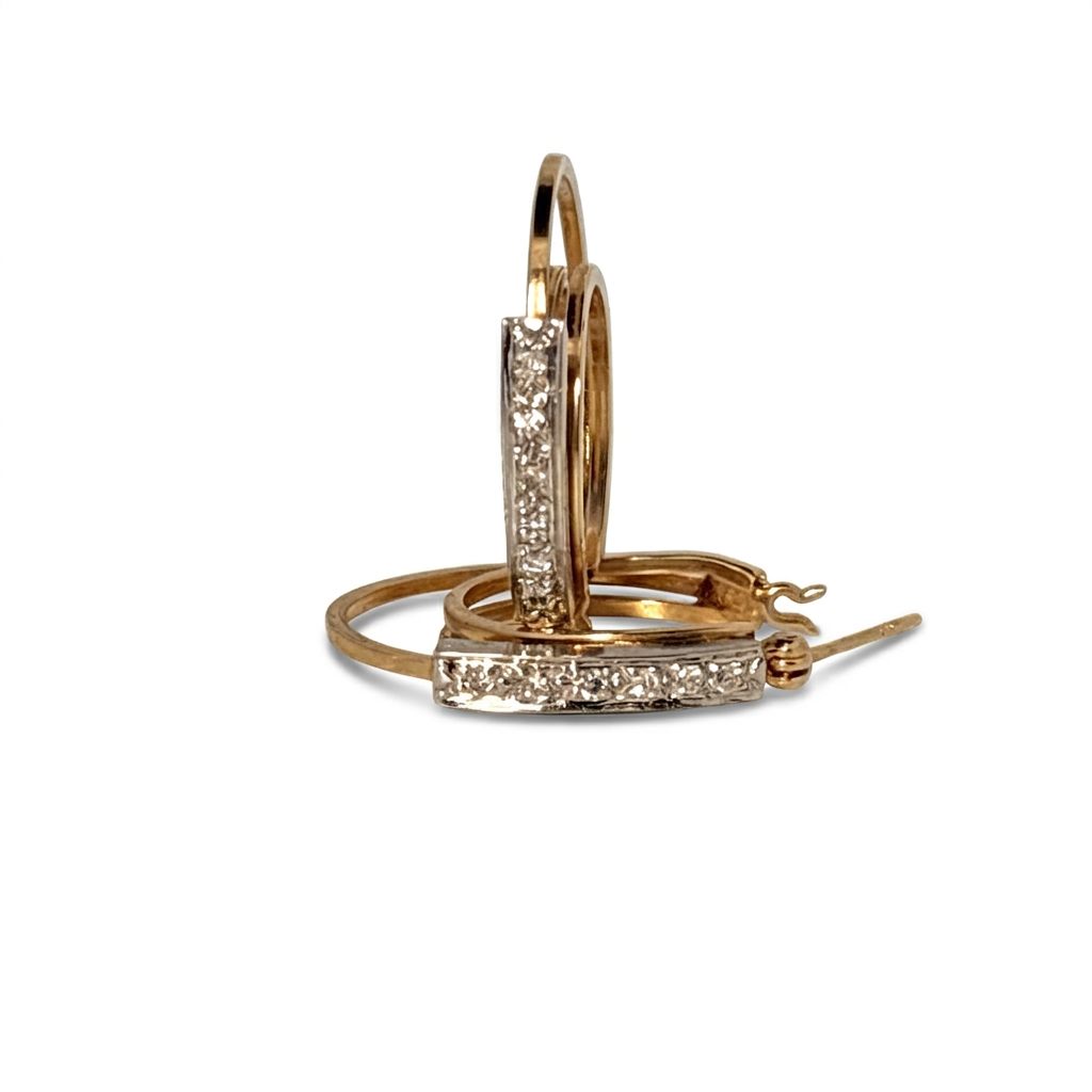 Female Bar Hoop Earrings, 14K Yellow and White Gold, channel-set natural Diamonds.