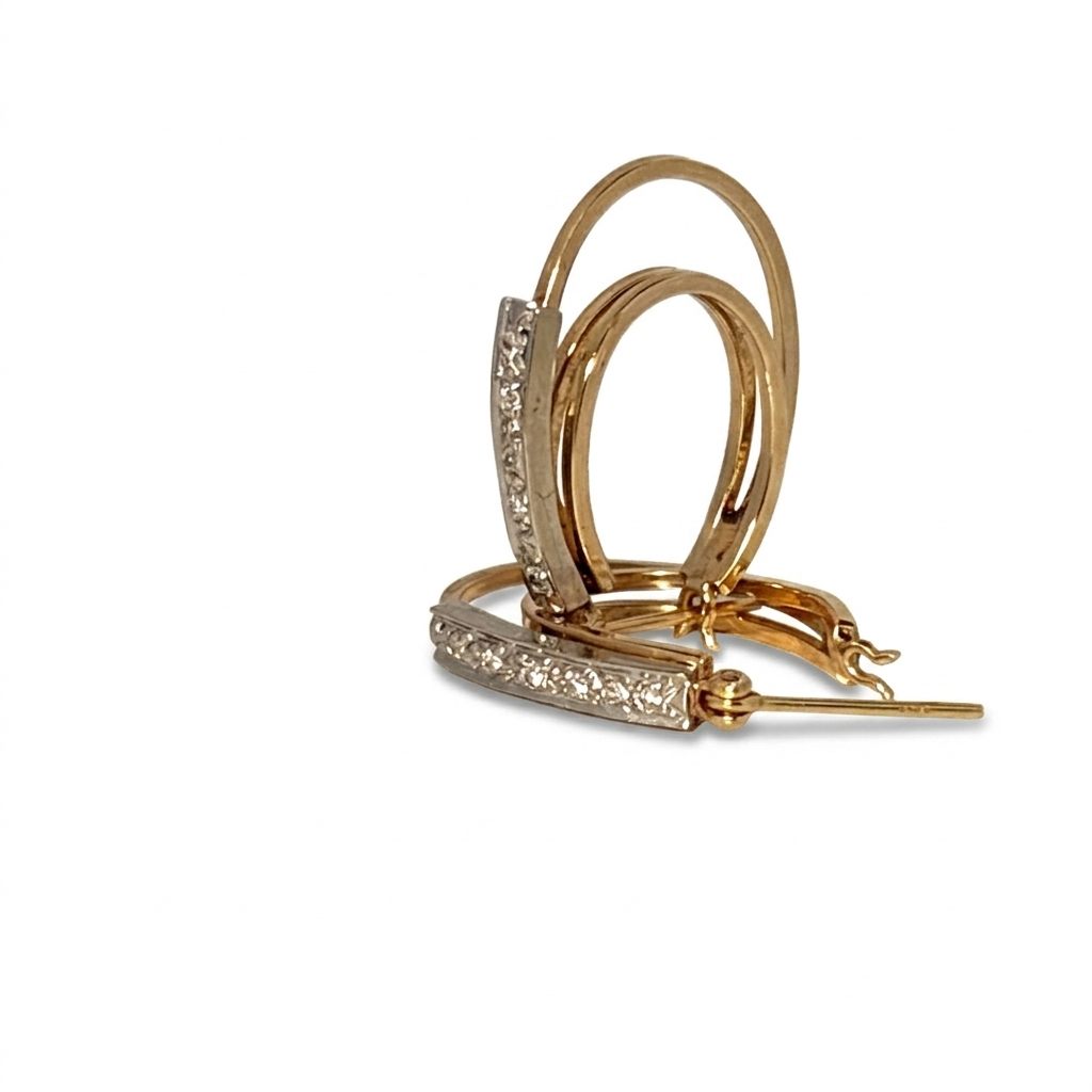 Female Bar Hoop Earrings, 14K Yellow and White Gold, channel-set natural Diamonds.