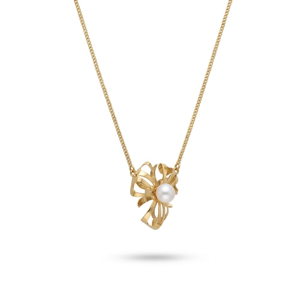 Female Floral Motif Necklace, 14K Yellow Gold, single white Pearl centerpiece.