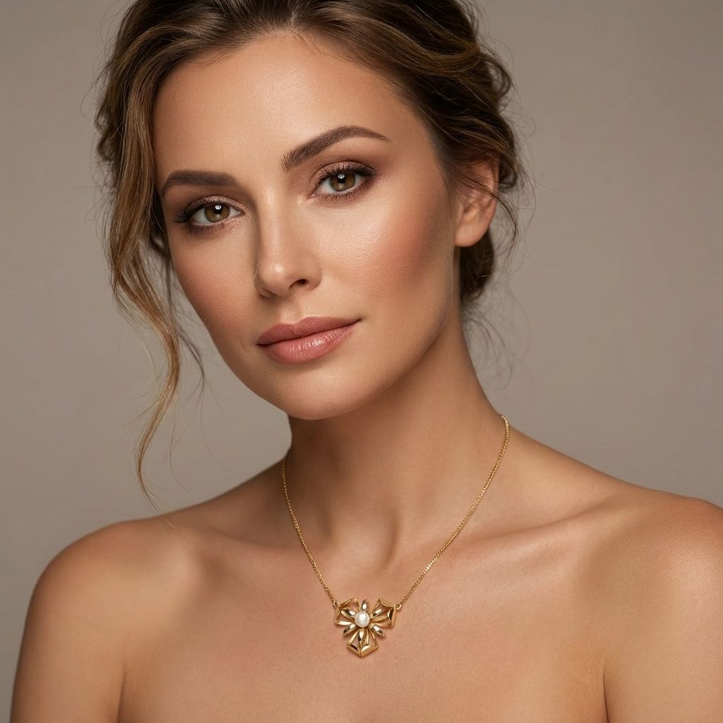Female Floral Motif Necklace, 14K Yellow Gold, single white Pearl centerpiece.