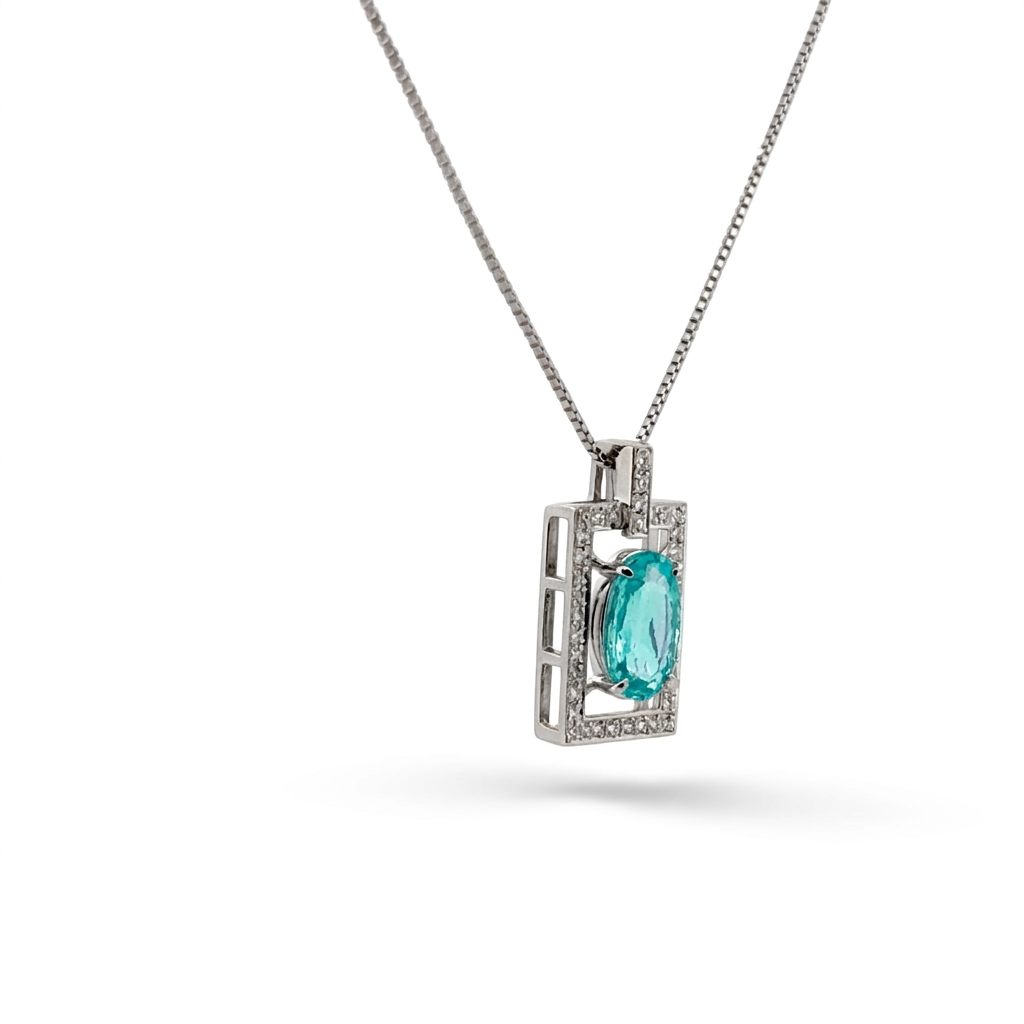 Platinum 950 Necklace, set with 1 Oval Paraiba Tourmaline (1.99ct) and pavé F Colorless Diamonds.