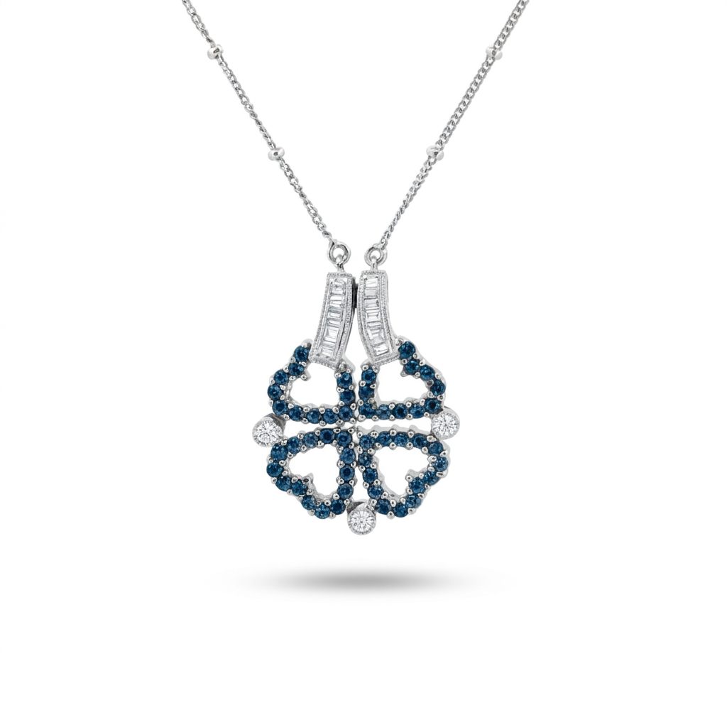 Natural Blue Diamond (0.25CT),Natural Colorless Diamonds (0.10 CT), Convertible Heart to Clover Necklace , 14K White Gold