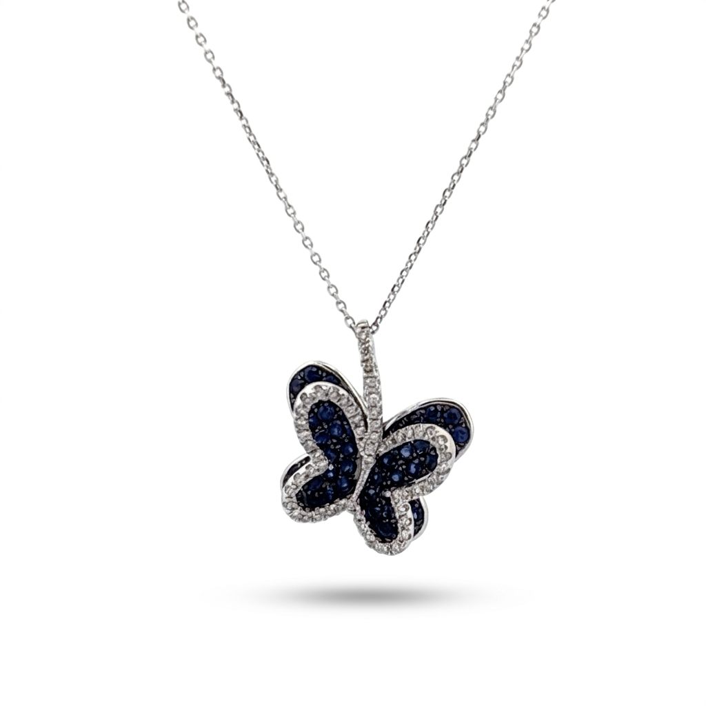 14K White Gold Necklace, butterfly pendant set with white diamonds and blue sapphires.
