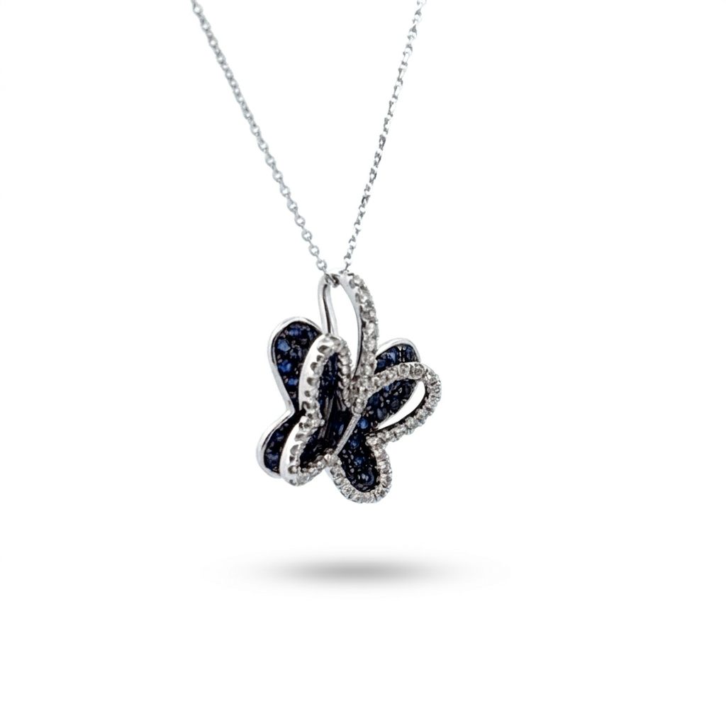 14K White Gold Necklace, butterfly pendant set with white diamonds and blue sapphires.