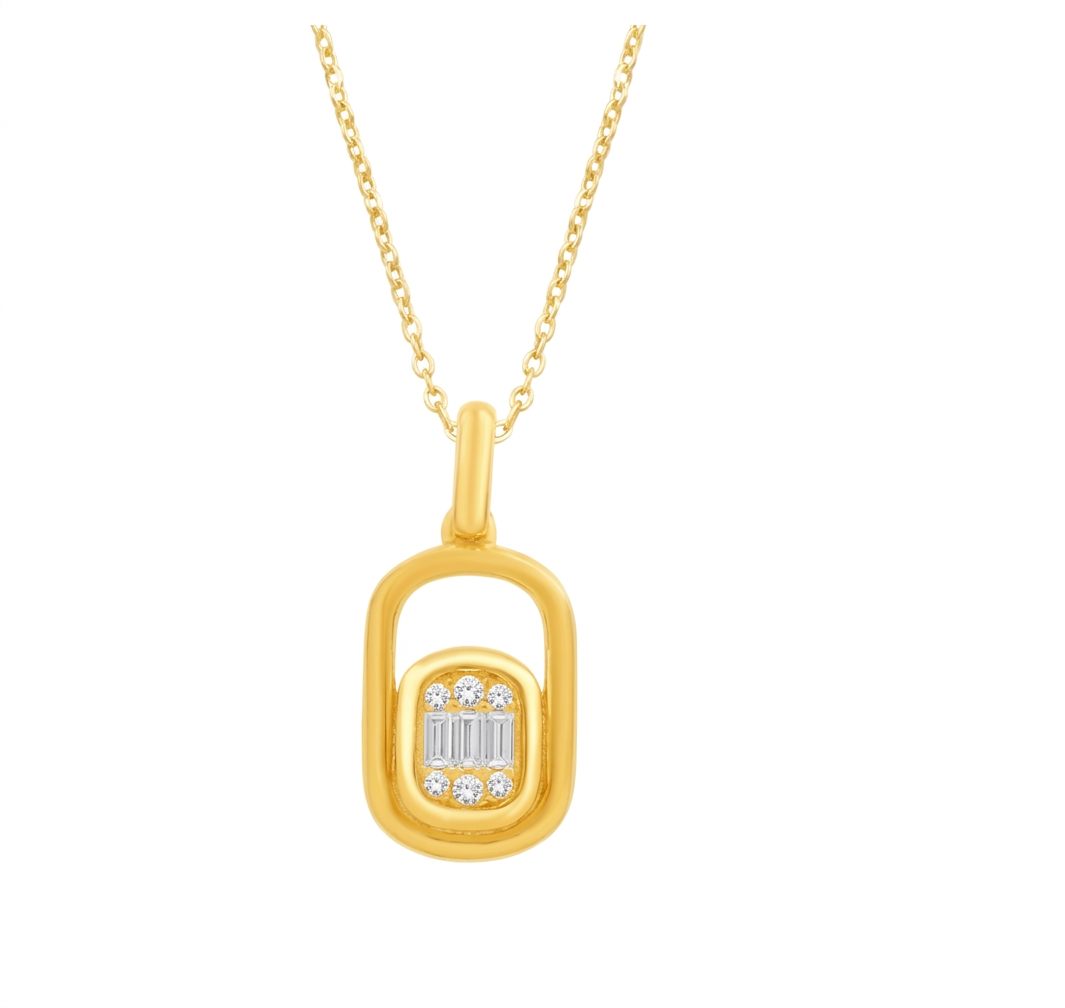 14K Yellow Gold Necklace with 3 Baguette Diamonds (0.07ct, G, VS2) and 6 Round Diamonds (0.05ct, G, SI1)