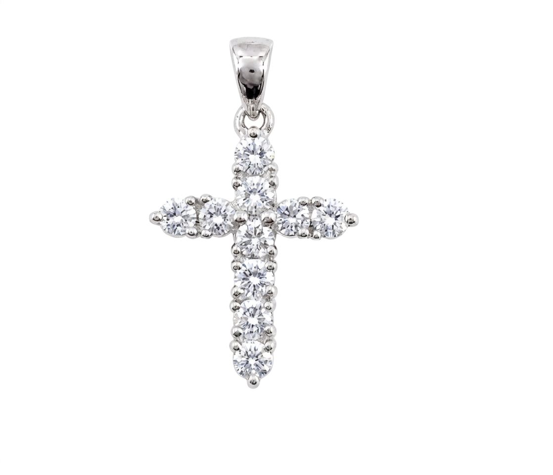 14K White Gold Pendant Chain, cross-shaped with 10 Round Diamonds (0.36ct total, G, SI1).