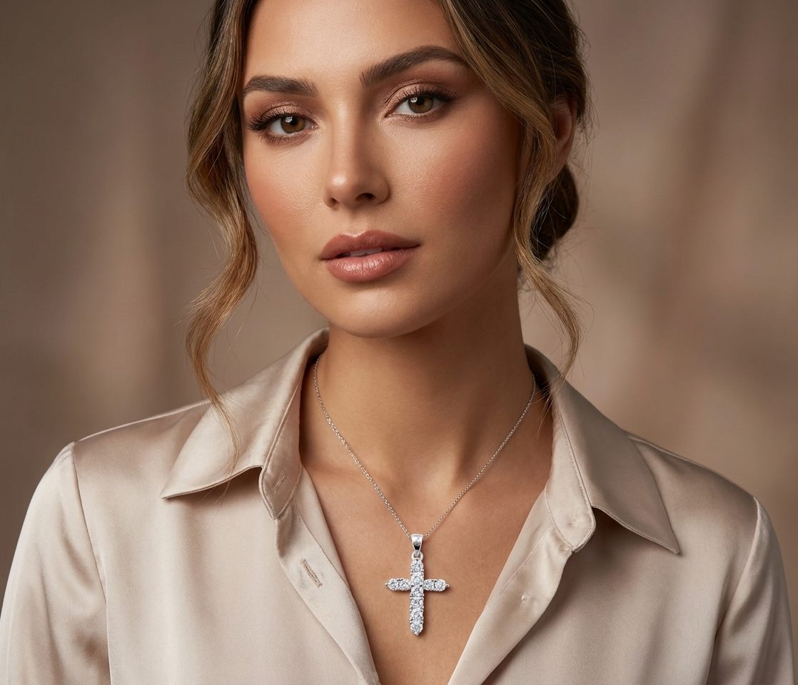 14K White Gold Pendant Chain, cross-shaped with 10 Round Diamonds (0.36ct total, G, SI1).