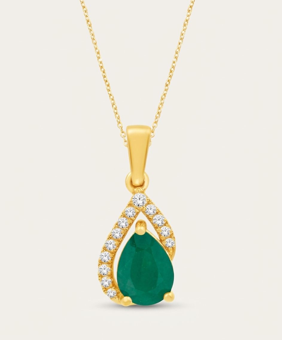 14K Yellow Gold Necklace, set with 1 Pear Emerald (0.6ct, Green, LC) and 9 Round Diamonds (0.08ct total, G, SI1)