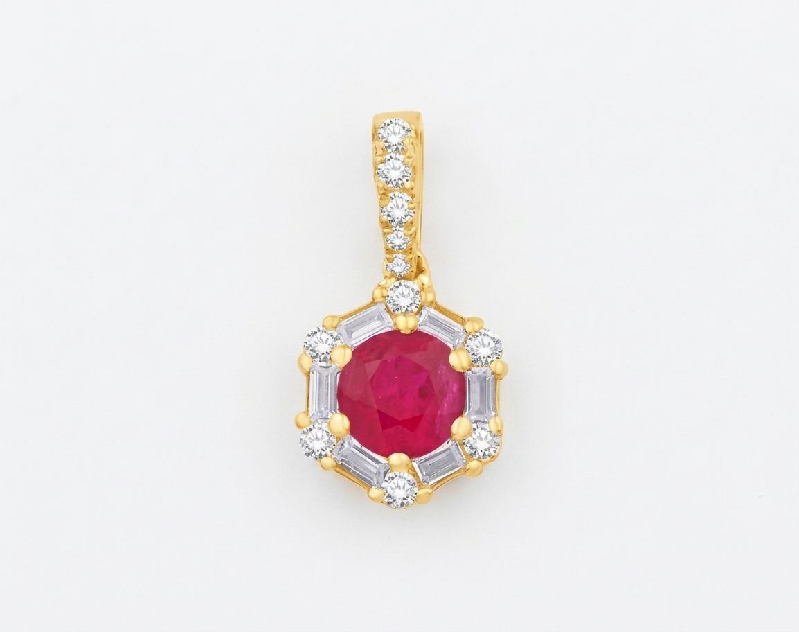 14K Yellow Gold Pendant Chain with 1 Round Ruby (0.69ct, Red, Eye Clean) surrounded by 6 Baguette Diamonds (0.12ct total, G, VS2) and 11 Round Diamonds (0.13ct total, G, SI1).