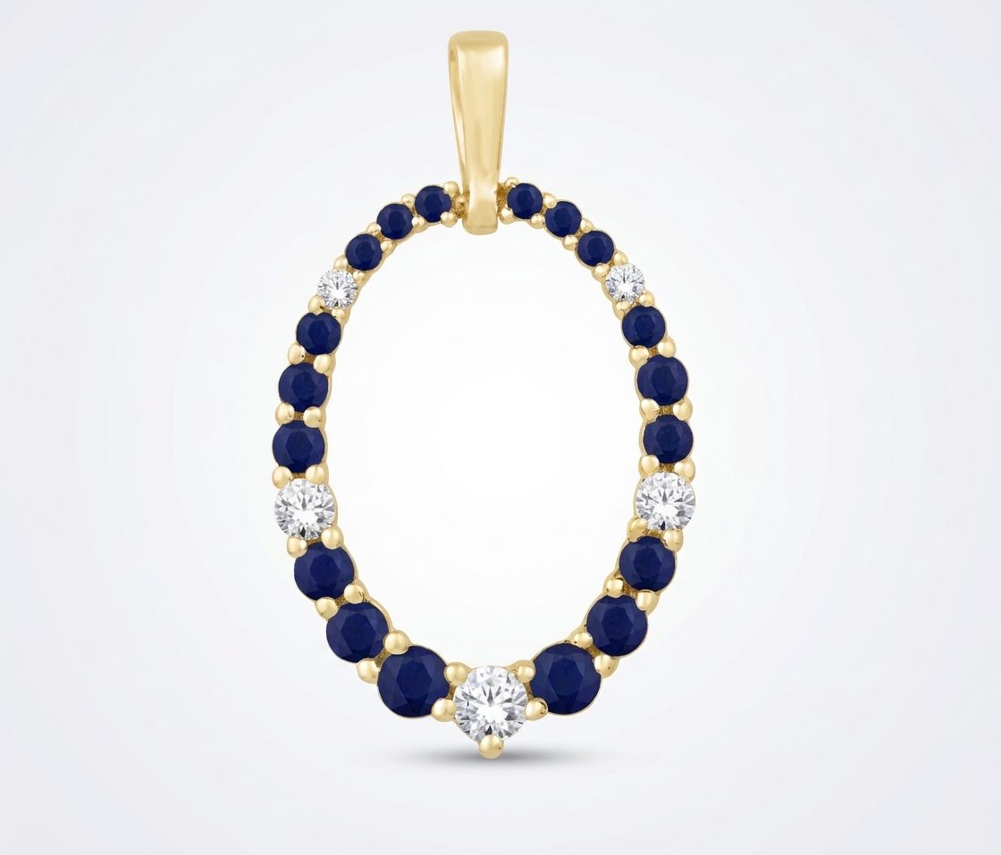 14K Yellow Gold Pendant Chain, set with 18 Round Blue Sapphires (0.52ct, Eye Clean) and 5 Round Diamonds (0.16ct, G, SI1).
