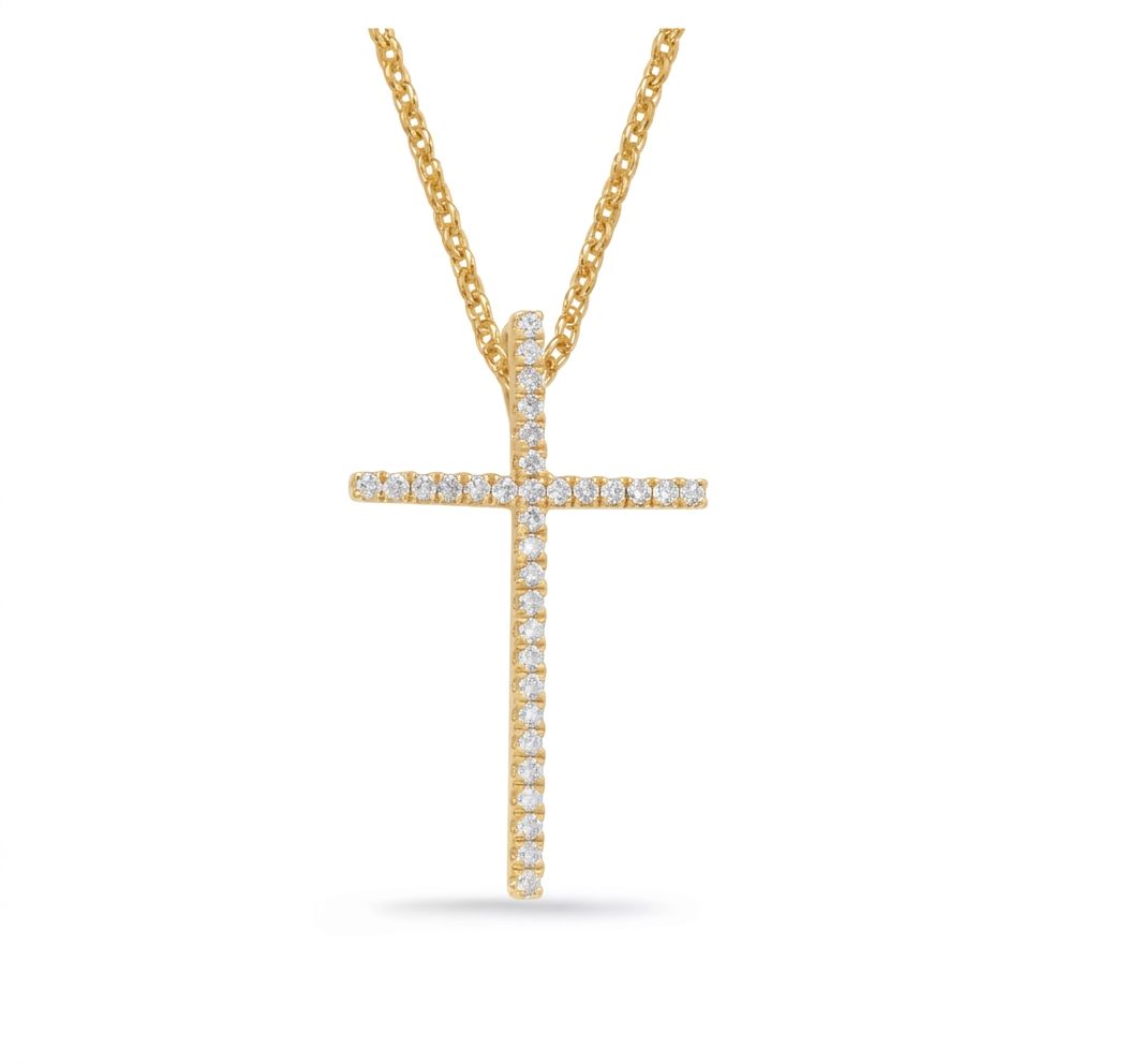 14K Yellow Gold Necklace, cross pendant set with 33 Round Diamonds (0.23ct, G, SI1)