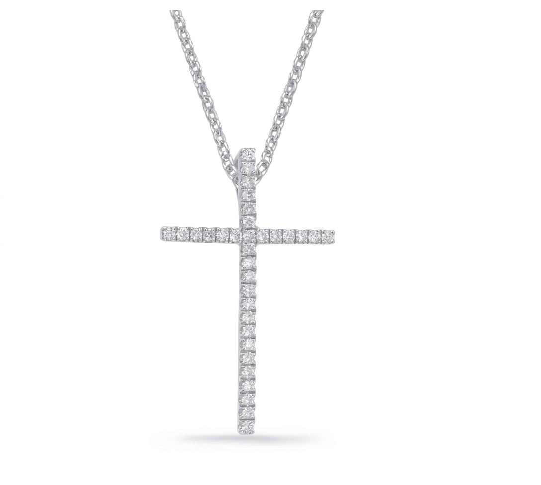 14K White Gold Necklace, Cross Pendant set with 33 Round Diamonds (0.23ct, G, SI1)