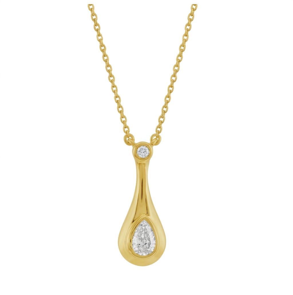 14K Yellow Gold Necklace, set with 1 Pear Diamond (0.25ct, G, SI1) and 1 Round Diamond (0.03ct, G, SI1).