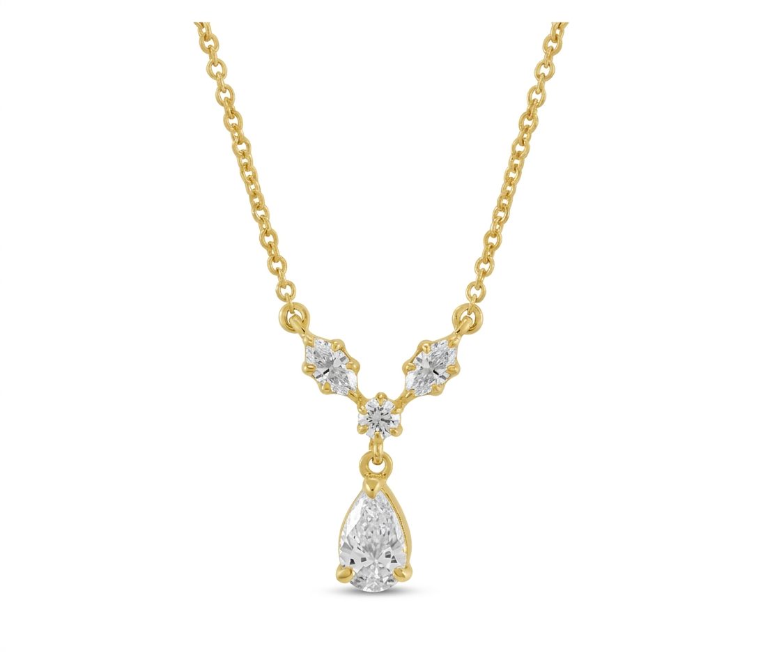 14K Yellow Gold Necklace, set with 1 Pear Diamond (0.31ct, G, SI1), 2 Marquise Diamonds (0.14ct total, G, SI1), and 1 Round Diamond (0.04ct, G, SI1).