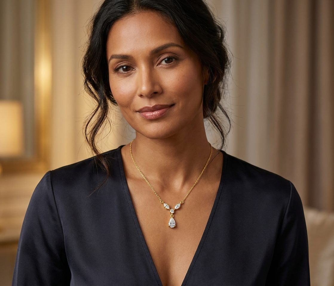 14K Yellow Gold Necklace, set with 1 Pear Diamond (0.31ct, G, SI1), 2 Marquise Diamonds (0.14ct total, G, SI1), and 1 Round Diamond (0.04ct, G, SI1).