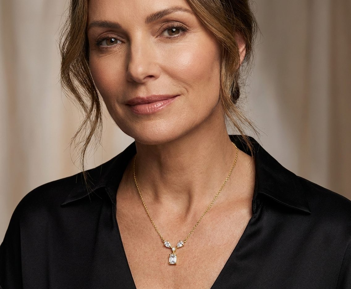14K Yellow Gold Necklace, set with 1 Emerald Cut Diamond (0.31ct, G, VS2), 2 Pear Cut Diamonds (0.16ct total, G, SI1), and 1 Round Diamond (0.03ct, G, SI1).