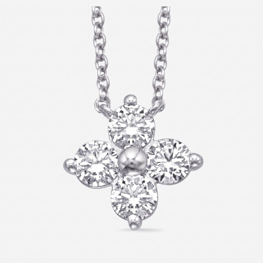 14K White Gold Necklace, set with 4 Round Diamonds (0.40ct total, G, SI1) in a cluster pendant.
