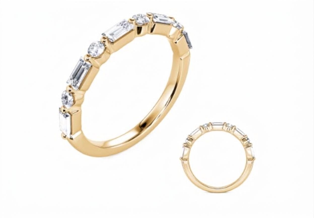 14K Yellow Gold Ring set with 5 Baguette Diamonds (0.55ct, G, VVS2) and 4 Round Diamonds (0.16ct, G, SI1).