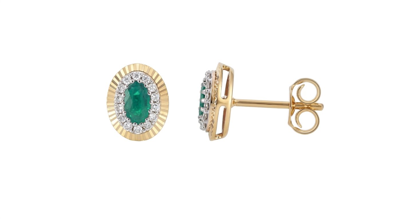 14K Yellow Gold Earrings, set with 2 Oval Emeralds (0.6ct total, Green, Eye Clean) and 28 Rose Cut Diamonds (0.14ct total, G, SI1).
