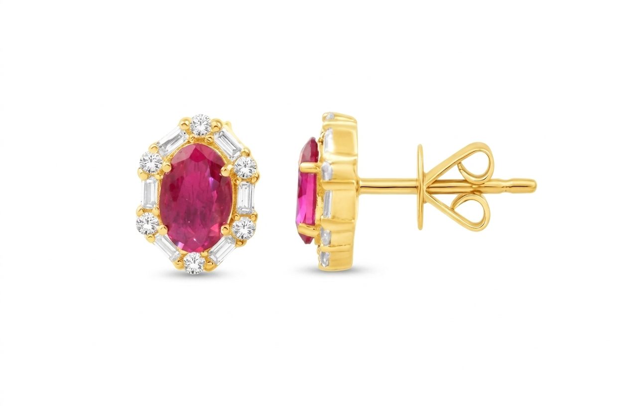 14K Yellow Gold Earrings, set with 2 Oval Rubies (0.98ct total, Red, Eye Clean) and 24 Diamonds (0.26ct total, G, VS2-SI1, Baguette & Round)