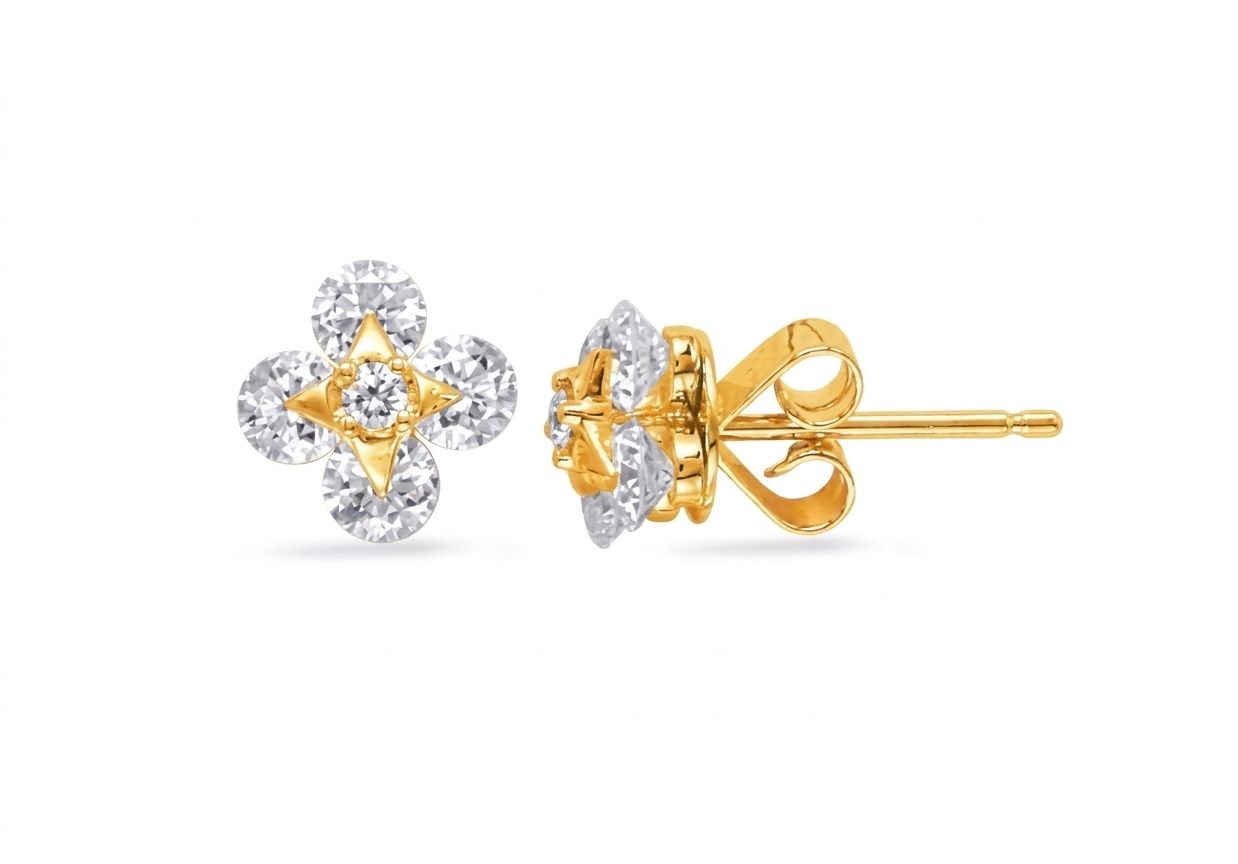 14K Yellow Gold Earrings, set with 10 Round Diamonds total 1.07ct, G, SI1, Flower Cluster Design.