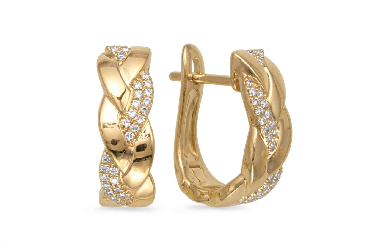 14K Yellow Gold Earrings, set with 0.15ct G SI1 Round Diamonds (58 pcs) in a twisted design.