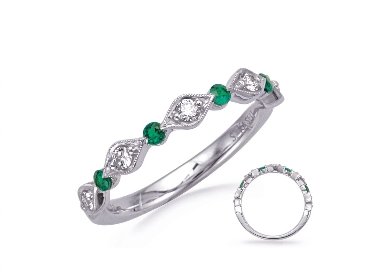 14K White Gold Women's Ring, set with 4 Round Emeralds (0.12ct total, Green, Eye Clean) and 5 Round Diamonds (0.16ct total, G, SI1)